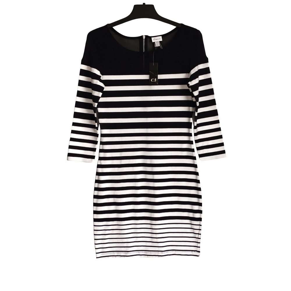 Dynamite Sheer Neckline Cream & Black Strips Sweater Dress Size Small